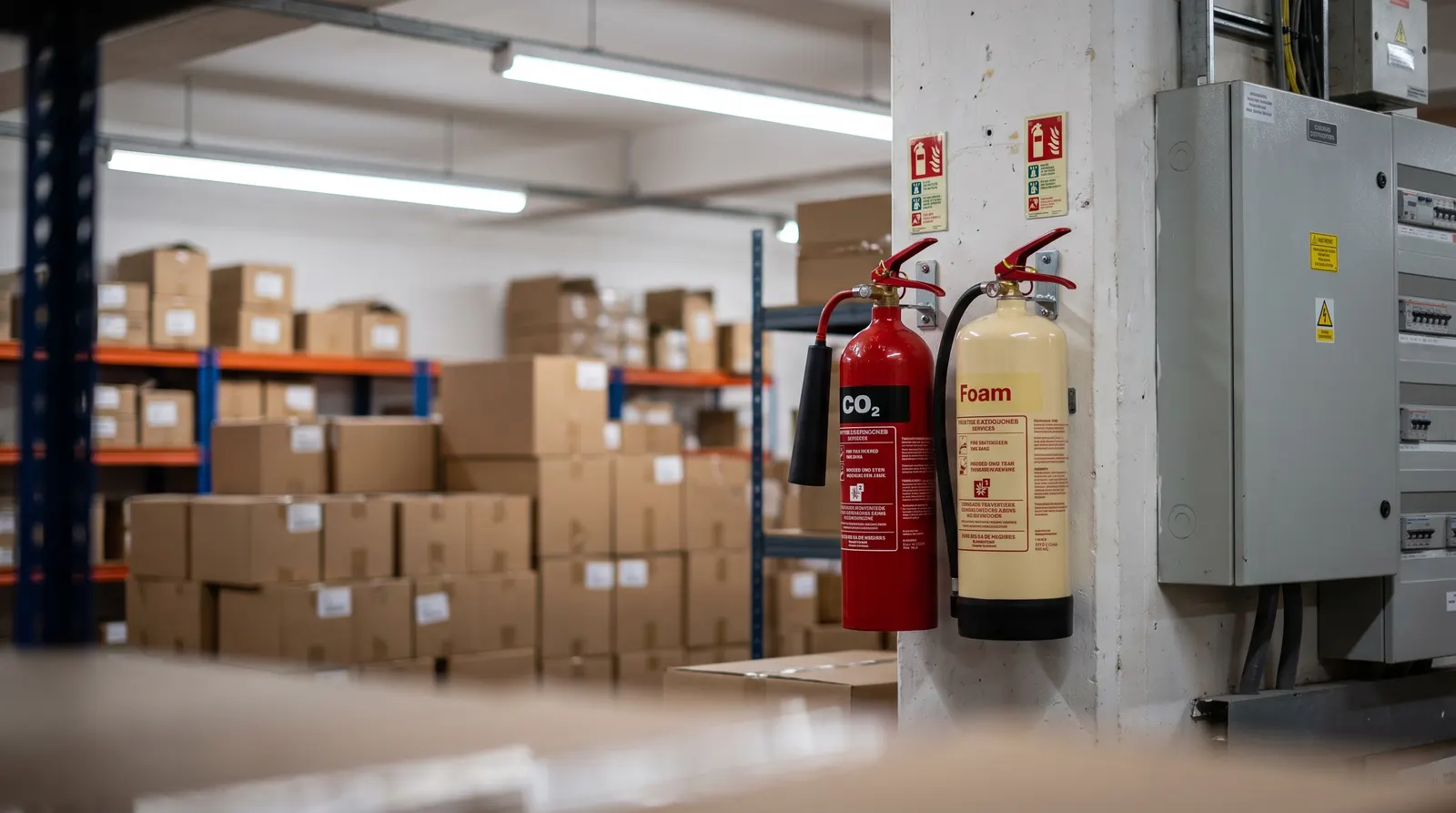 A CO2 and a foam fire extinguisher mounted side by side on a wall near a commercial distribution board