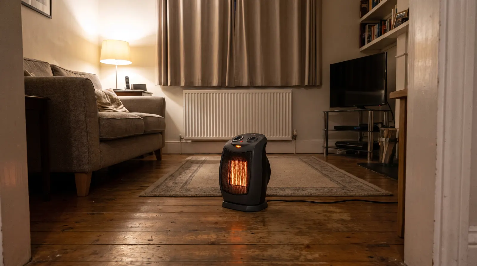 A portable fan heater standing on the floor of a living room, switched on with clear space around it