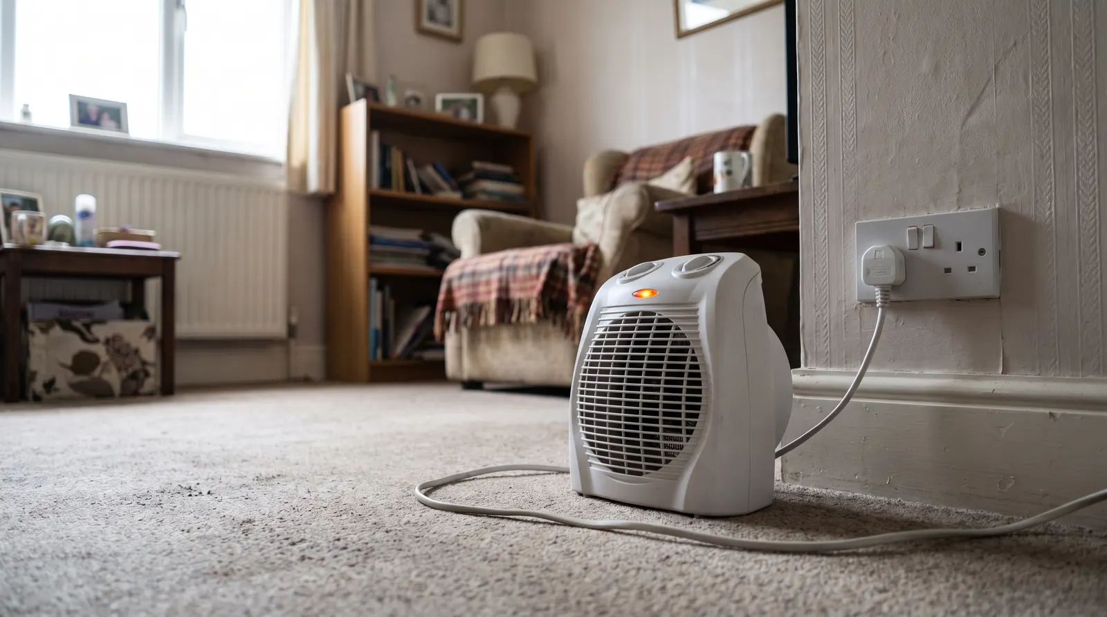 A portable fan heater plugged into a wall socket on its own, switched on