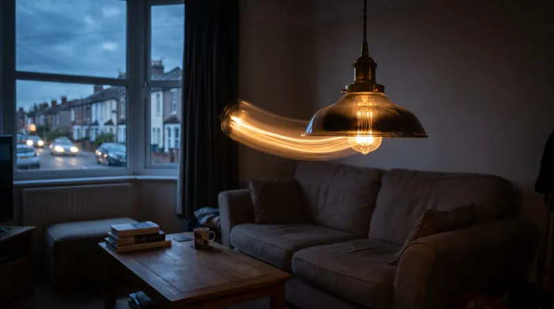 A pendant ceiling light caught flickering, photographed with a long exposure