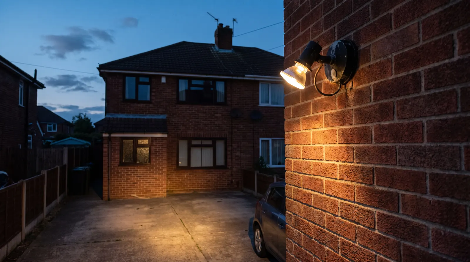A floodlight mounted on a house wall, angled down and lit at dusk