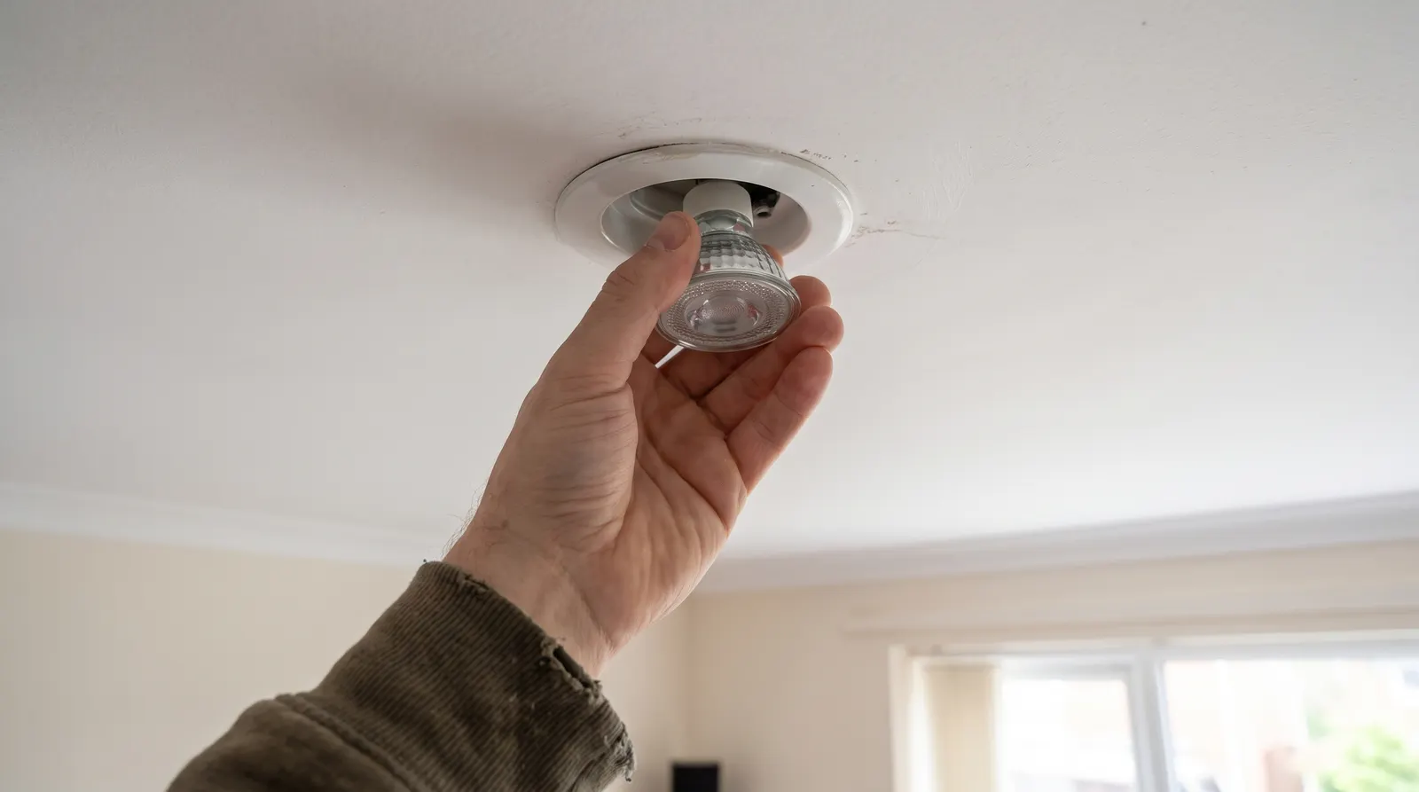 A GU10 LED lamp being twisted into a ceiling downlight fitting