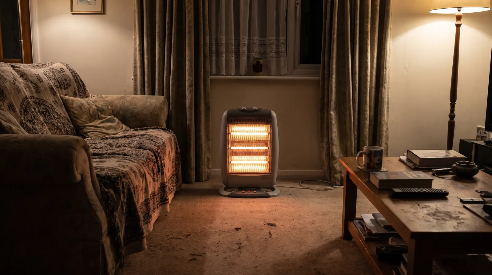 A halogen heater standing on a living room floor with its element glowing, clear of furniture and fabric on every side