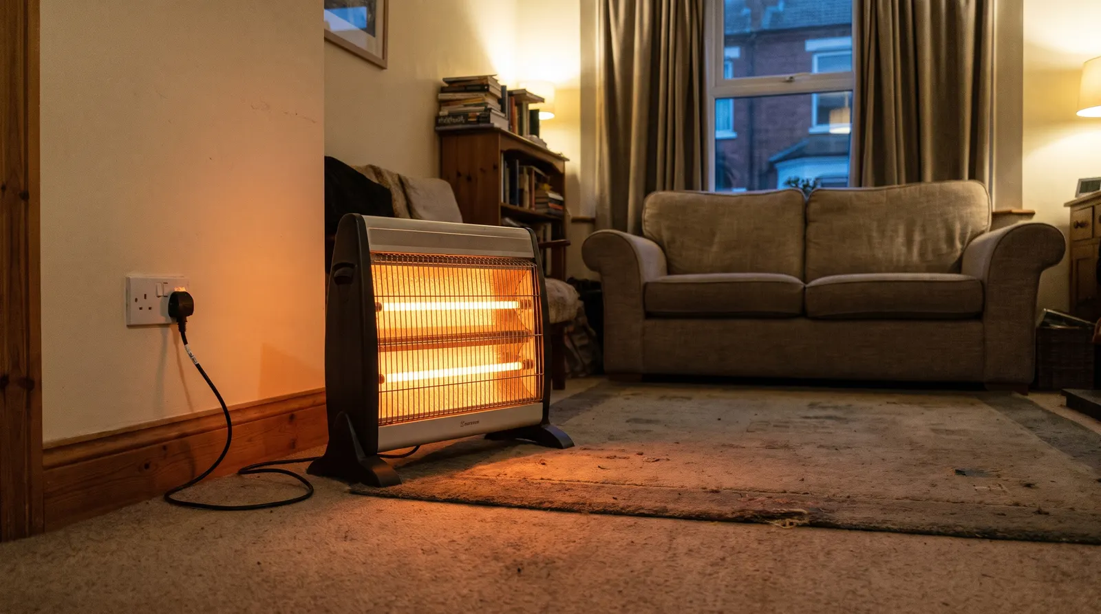A halogen heater plugged into a wall socket on its own, its bars glowing orange