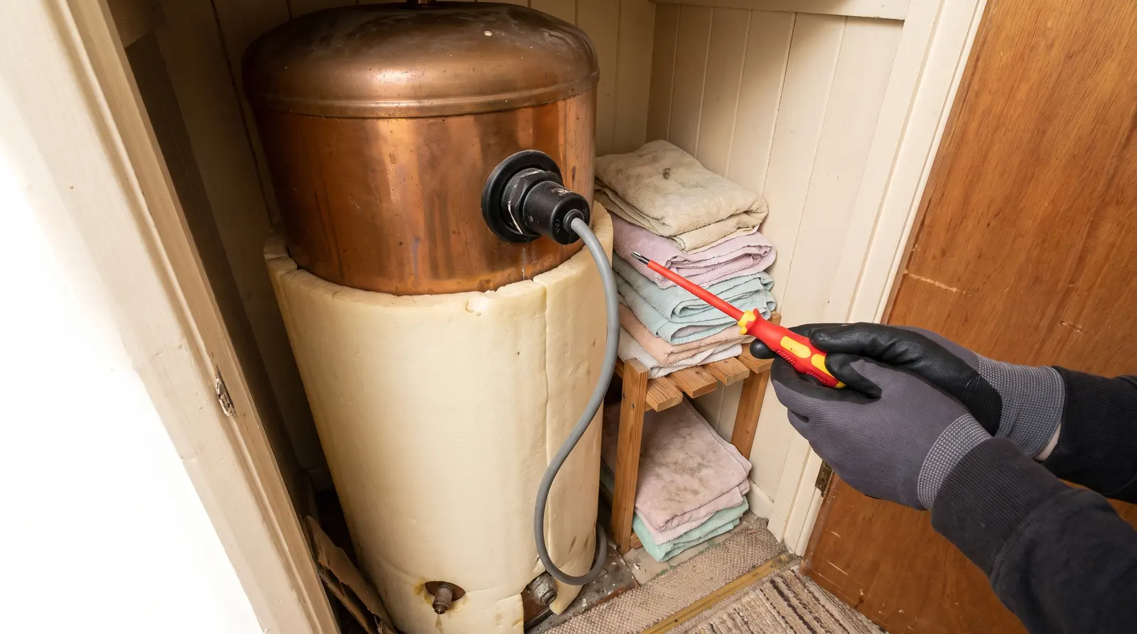 A lagged hot water cylinder in an airing cupboard with the immersion heater flex entering near the top