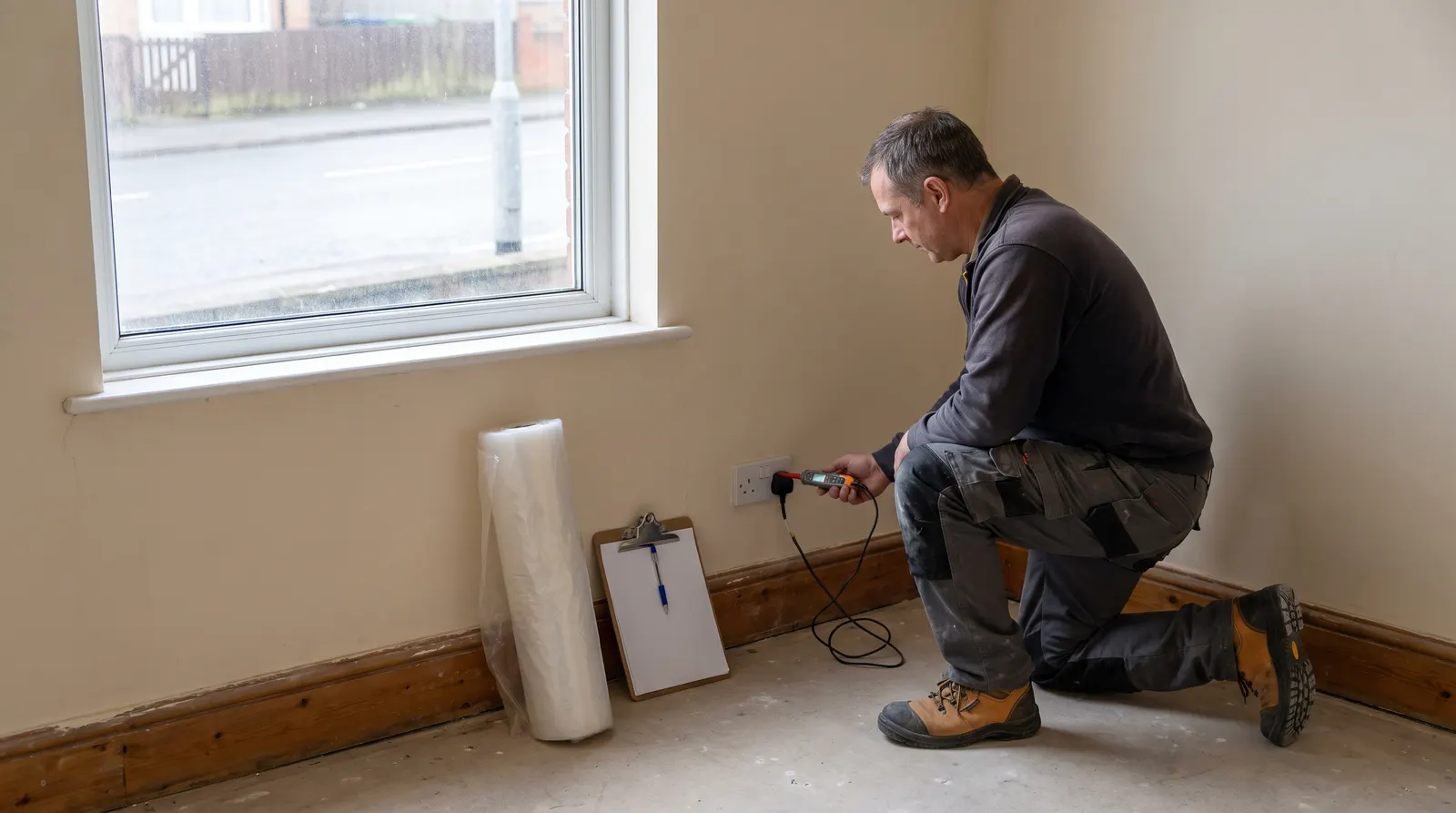 An electrician testing a wall socket in an empty rented flat ahead of a landlord electrical safety certificate