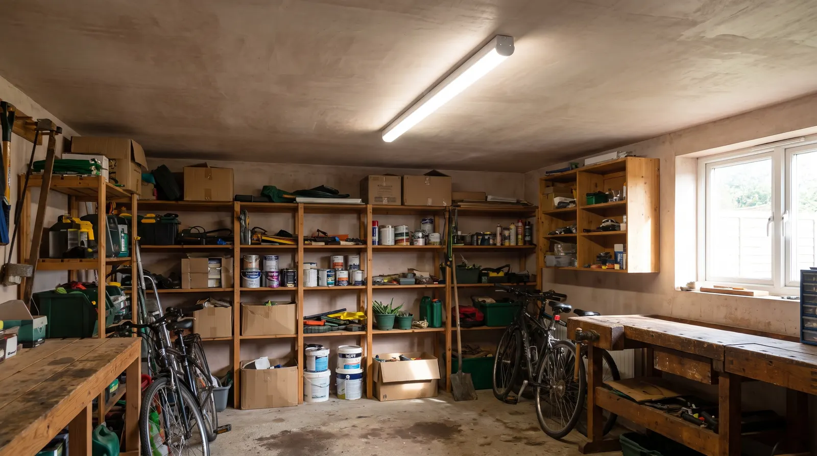 An LED batten light fitted to the ceiling of a garage, lit, with shelving and tools visible below