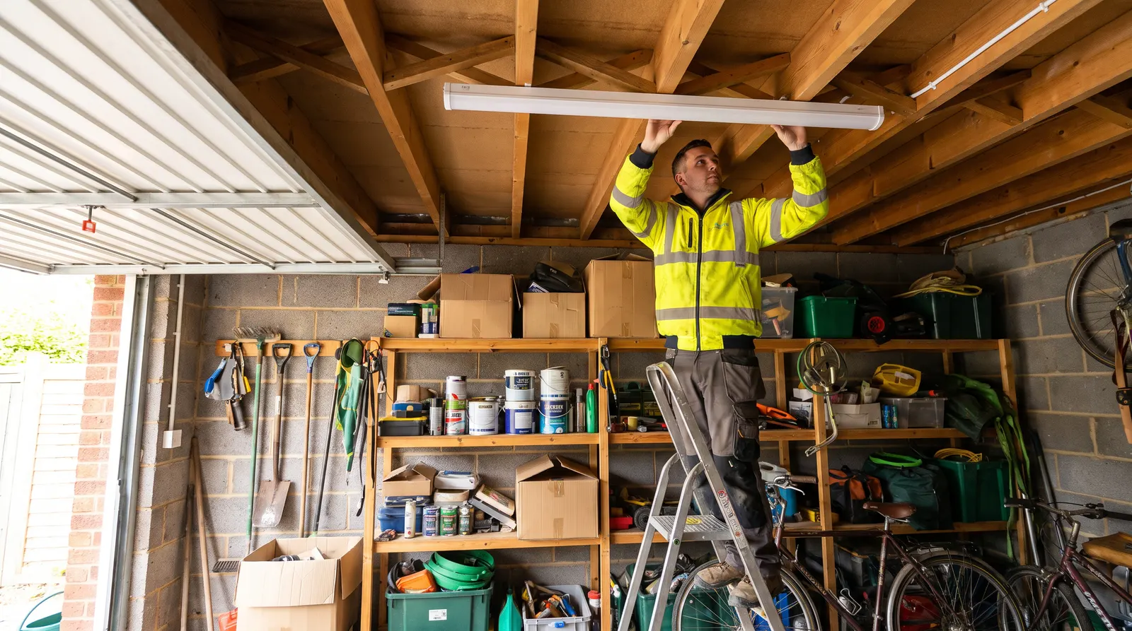 An electrician fitting an LED batten light to the ceiling of a garage
