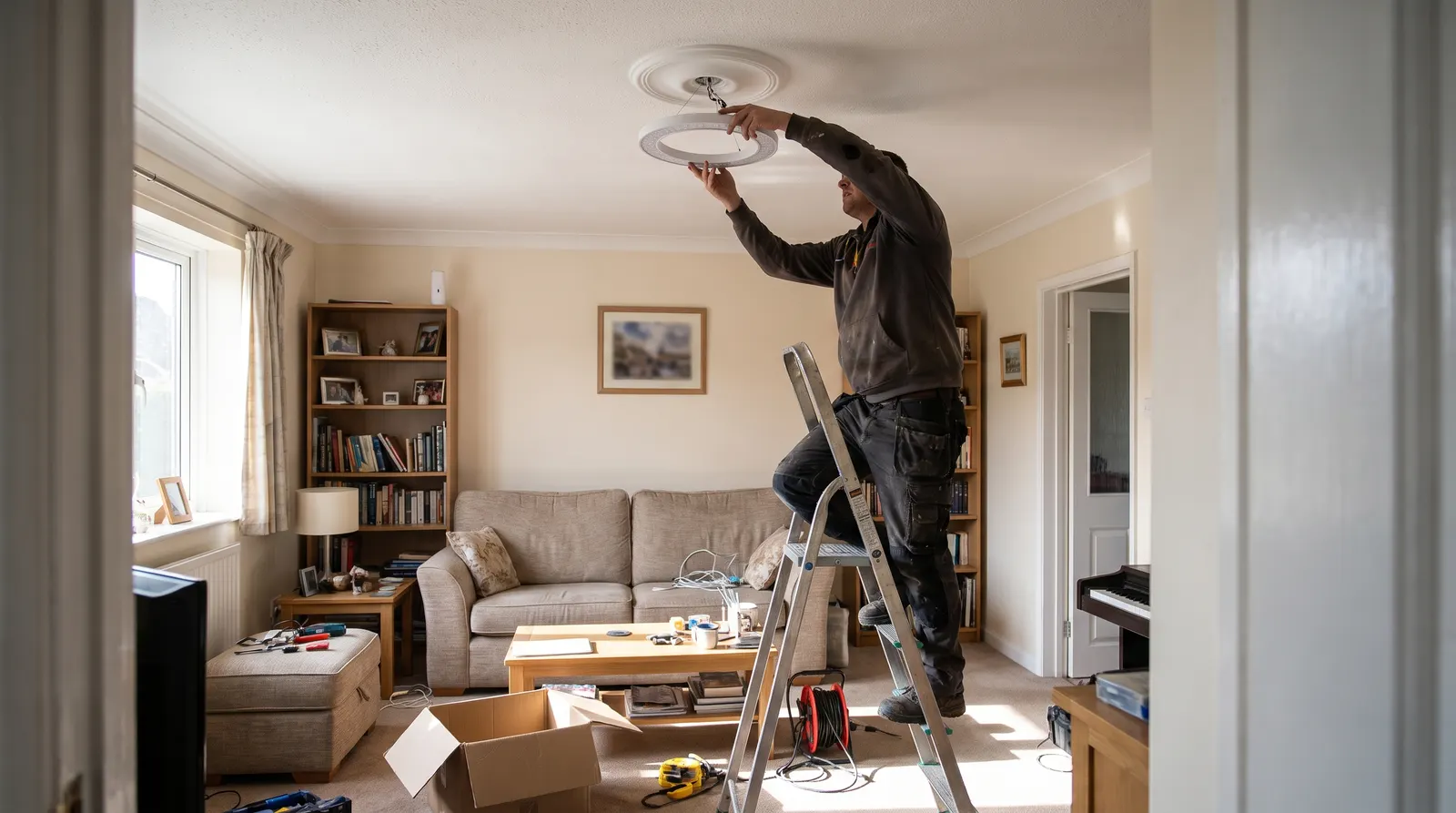 An electrician fitting a flush LED ceiling light to the ceiling rose in a living room