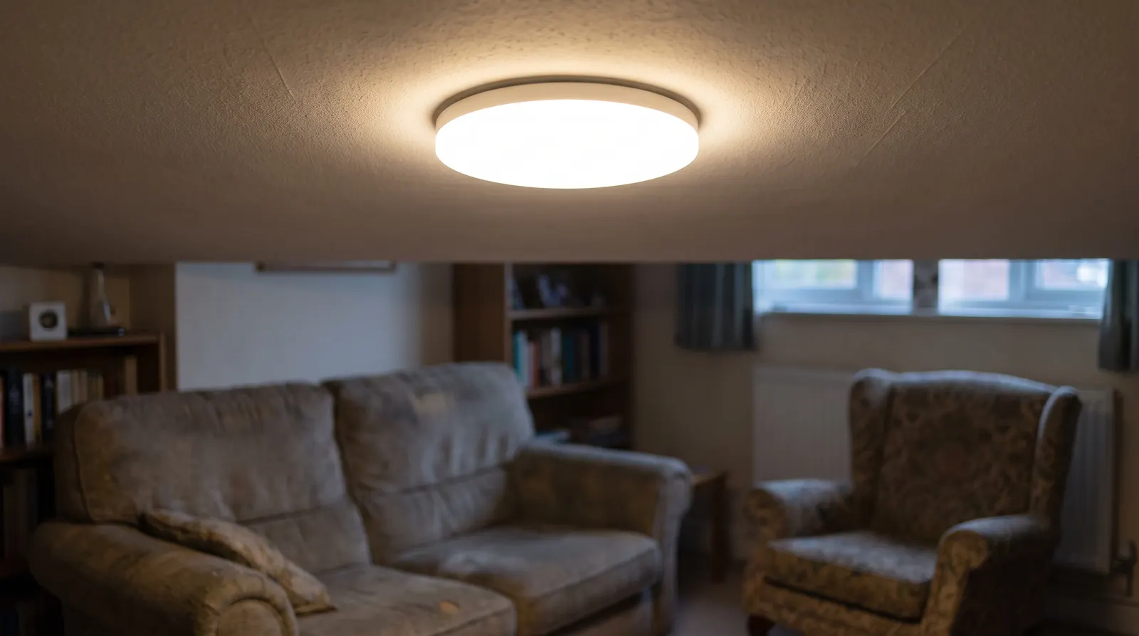 A flush LED ceiling light fitted and lit above a living room, seen from below