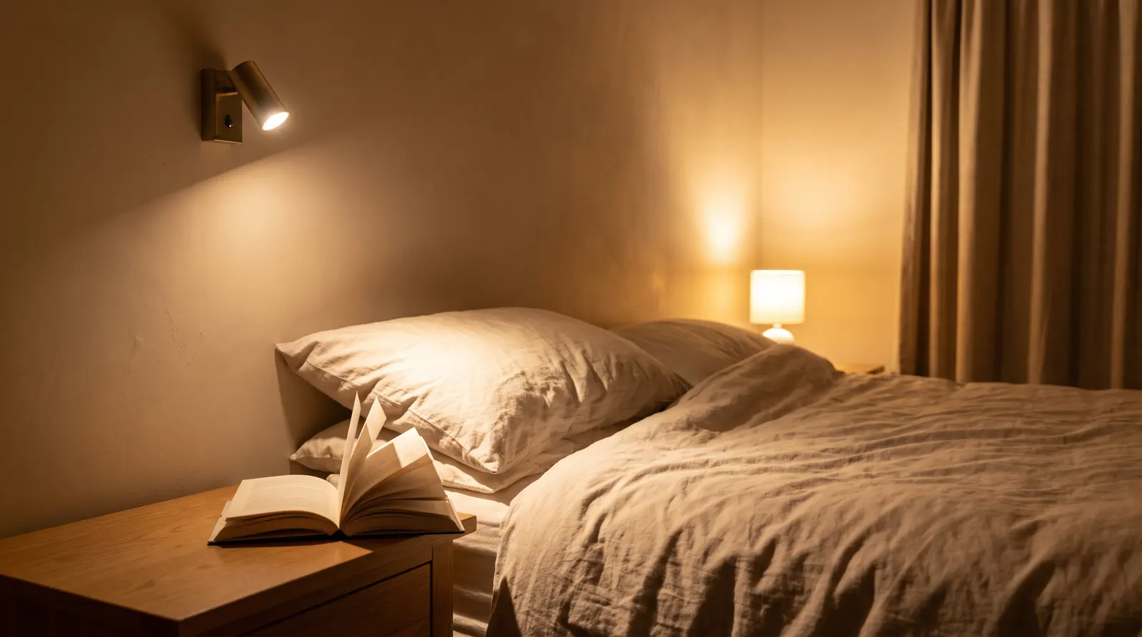 A wall-mounted LED reading light fitted beside a bed, lit and angled down onto a pillow and open book