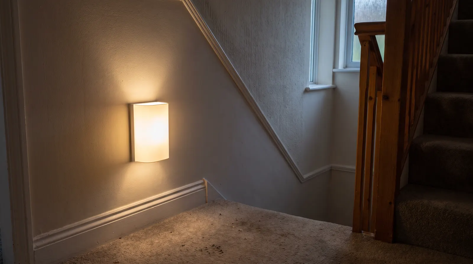 A wall-mounted LED light fitted and lit in a hallway beside a staircase, in the evening