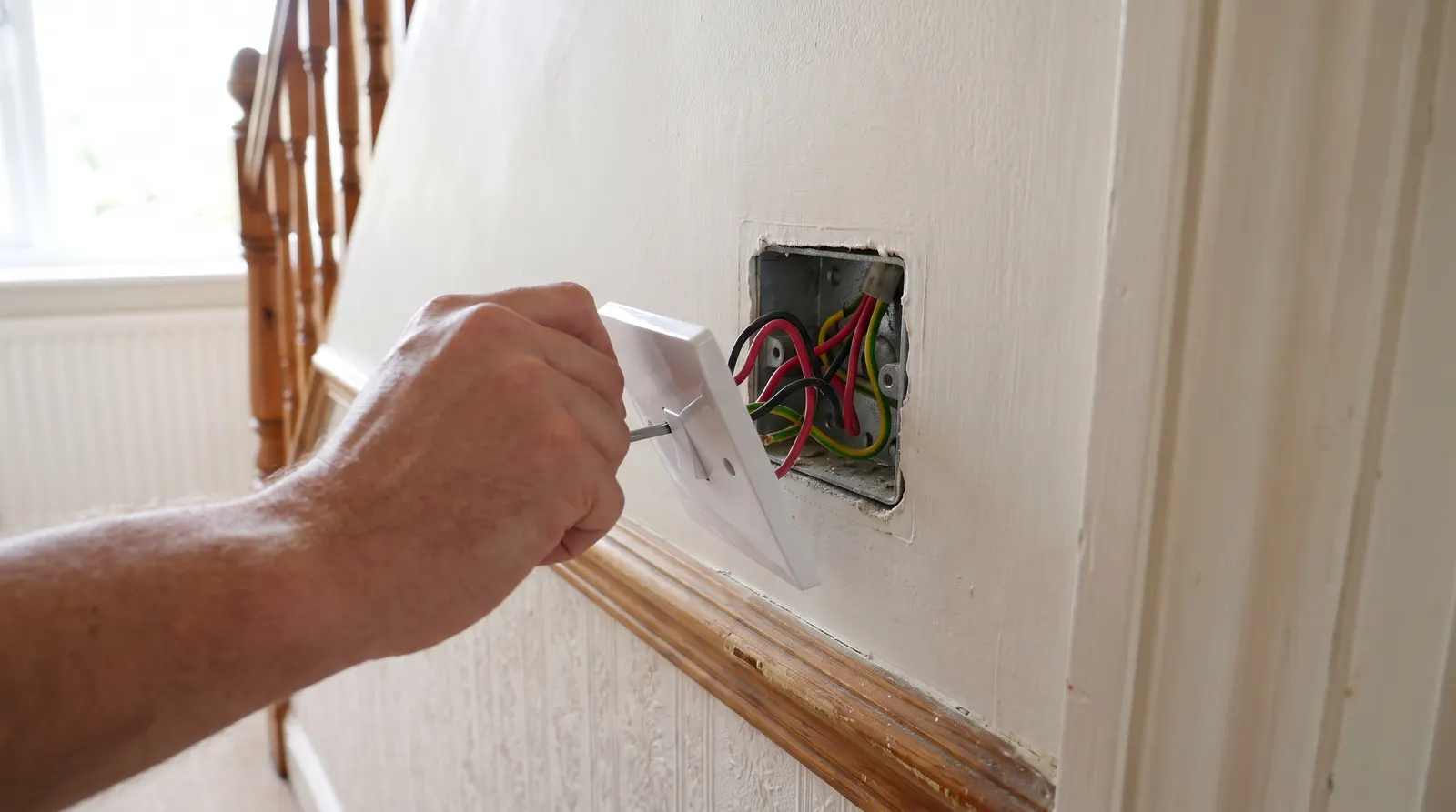A hand unscrewing a light switch faceplate from the wall, wiring visible behind it