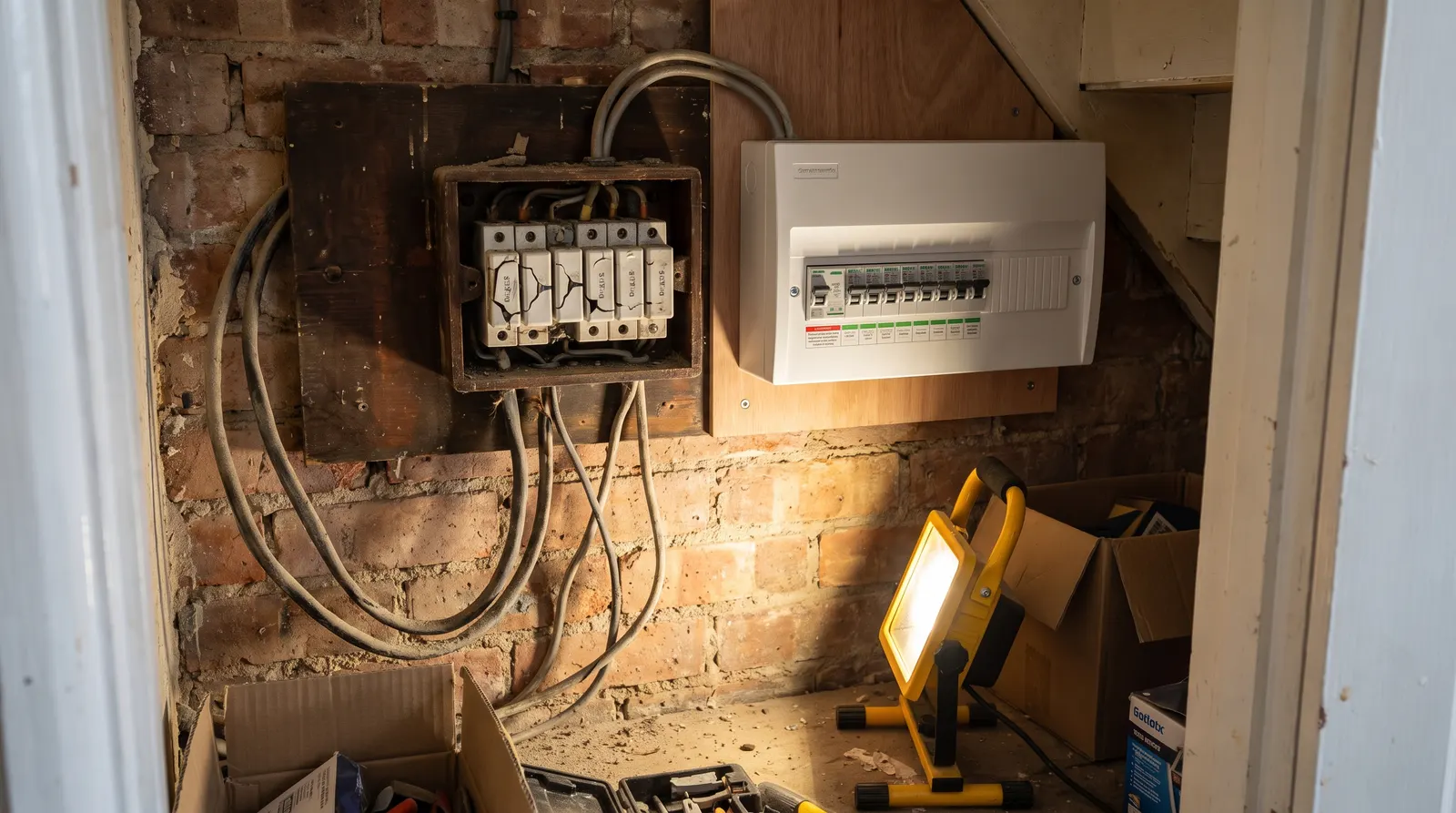 An old rewireable fuse box beside the modern consumer unit that replaced it