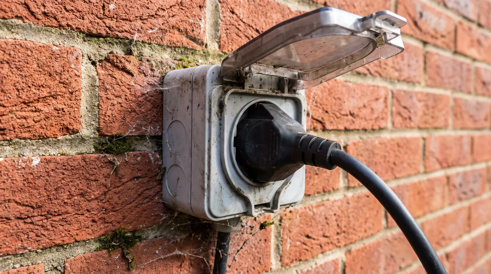 A weatherproof outdoor socket mounted on an exterior wall with its hinged cover open and a plug connected