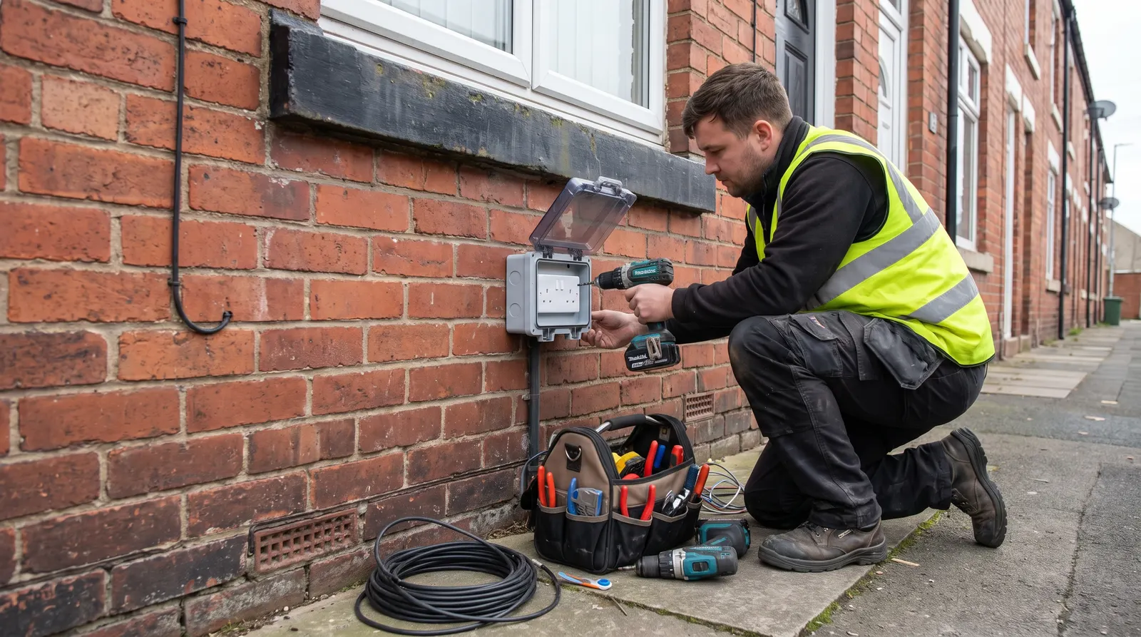 An electrician fitting a weatherproof outdoor socket to an exterior wall