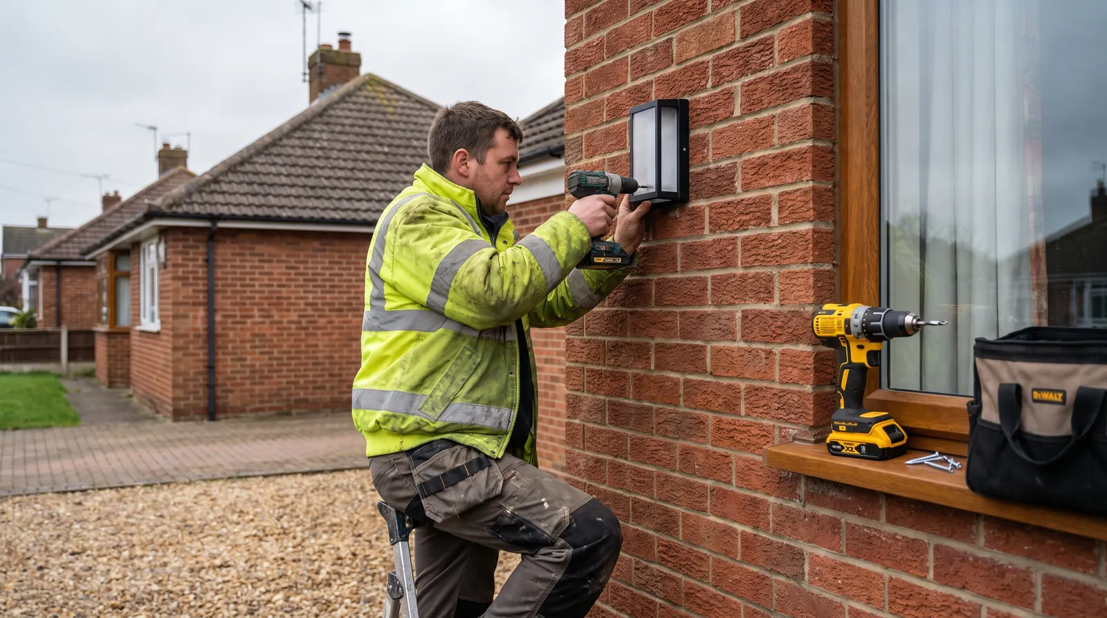 An electrician fitting a weatherproof wall-mounted light to the exterior brick wall of a house