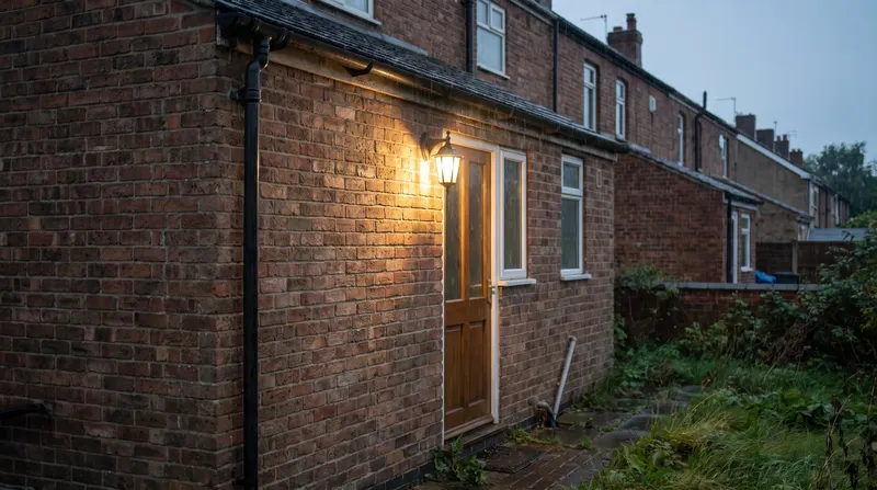 A lit wall-mounted outdoor light fitting beside the back door of a house at dusk in light rain