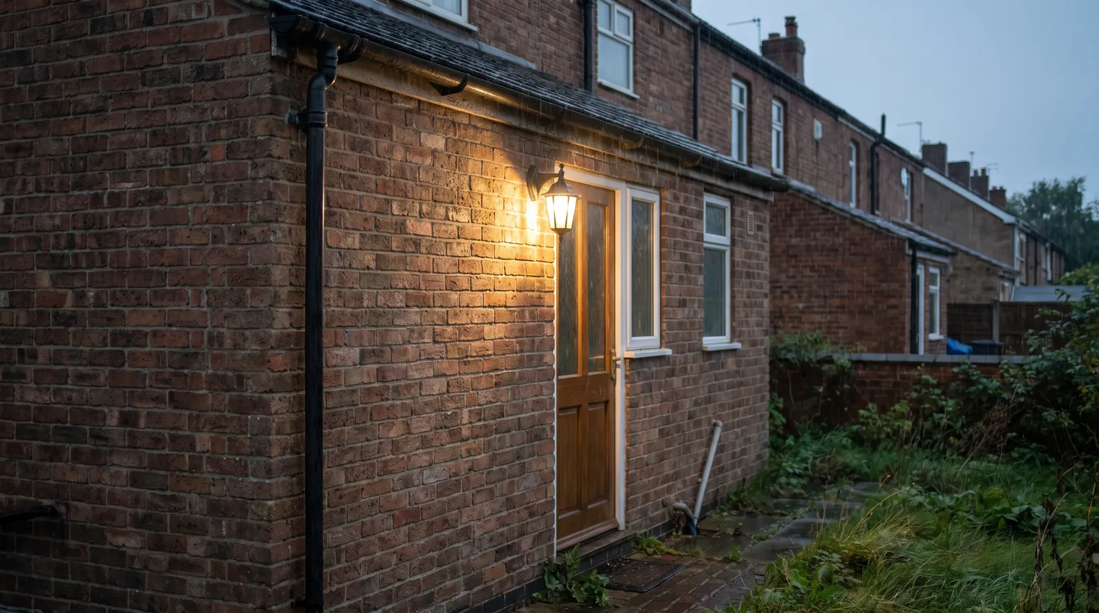 A lit wall-mounted outdoor light fitting beside the back door of a house at dusk in light rain