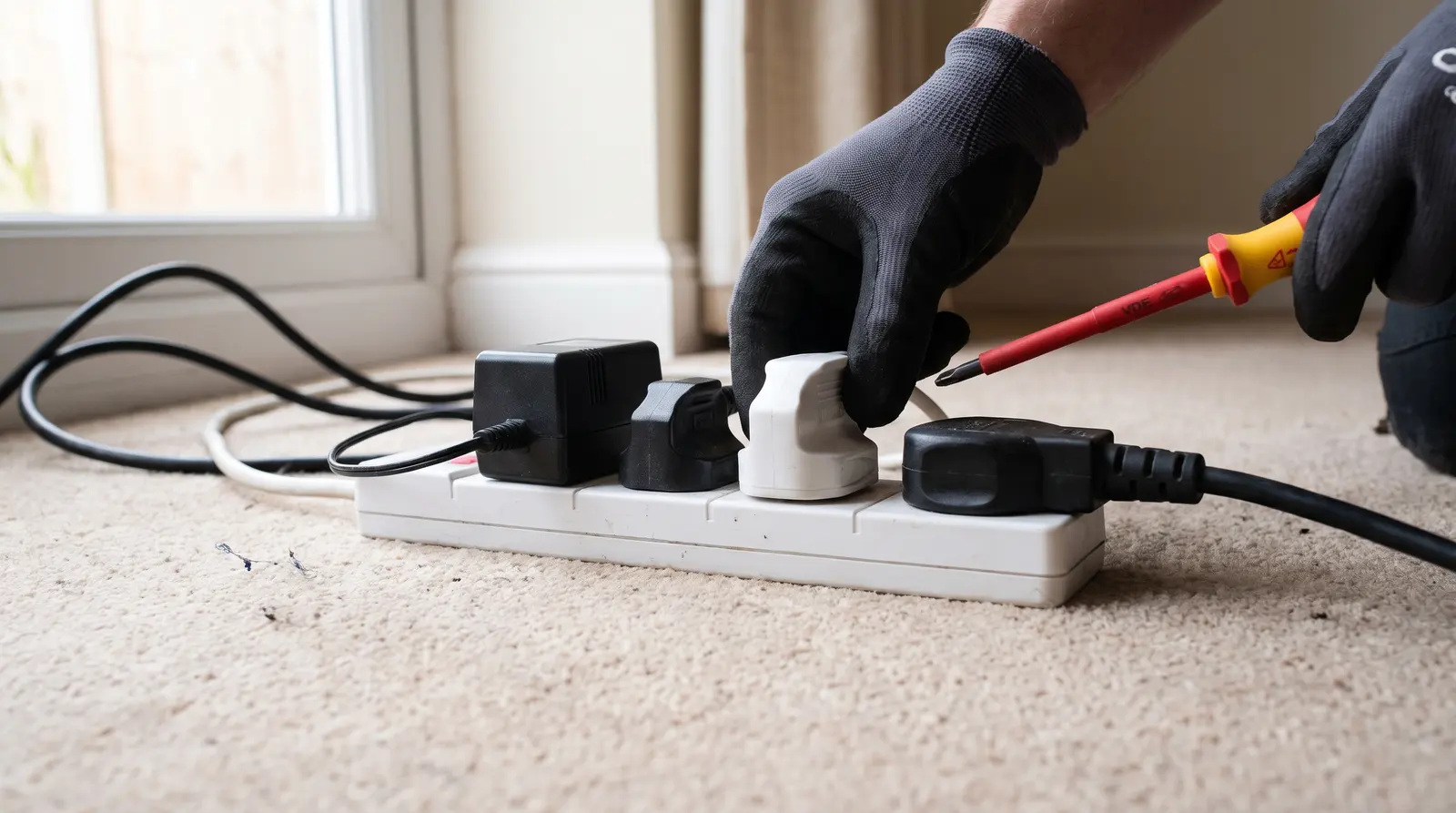 A four-way extension lead on a carpet with every socket in use and a second lead plugged into it