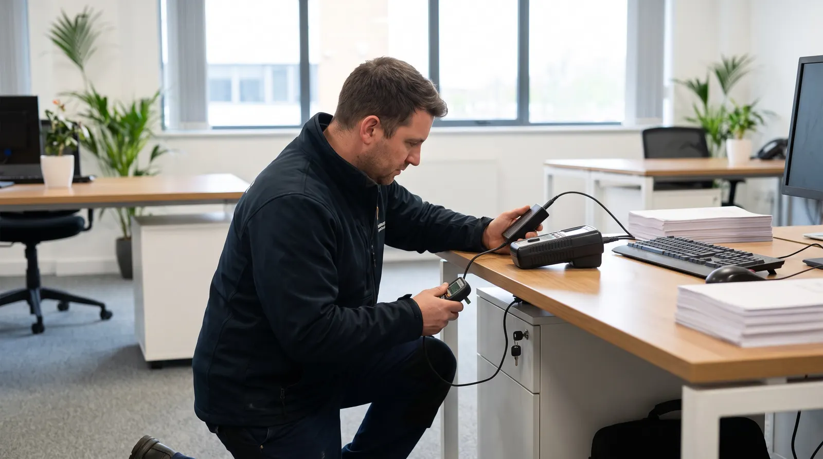 An electrician testing a laptop charger at a desk in a quiet office