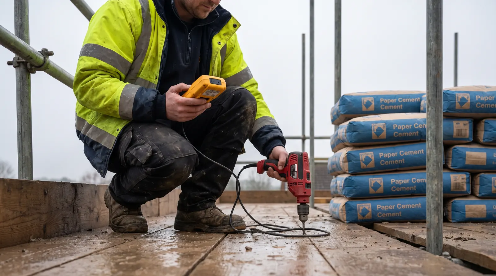 An electrician testing a power tool with a handheld tester on a construction site