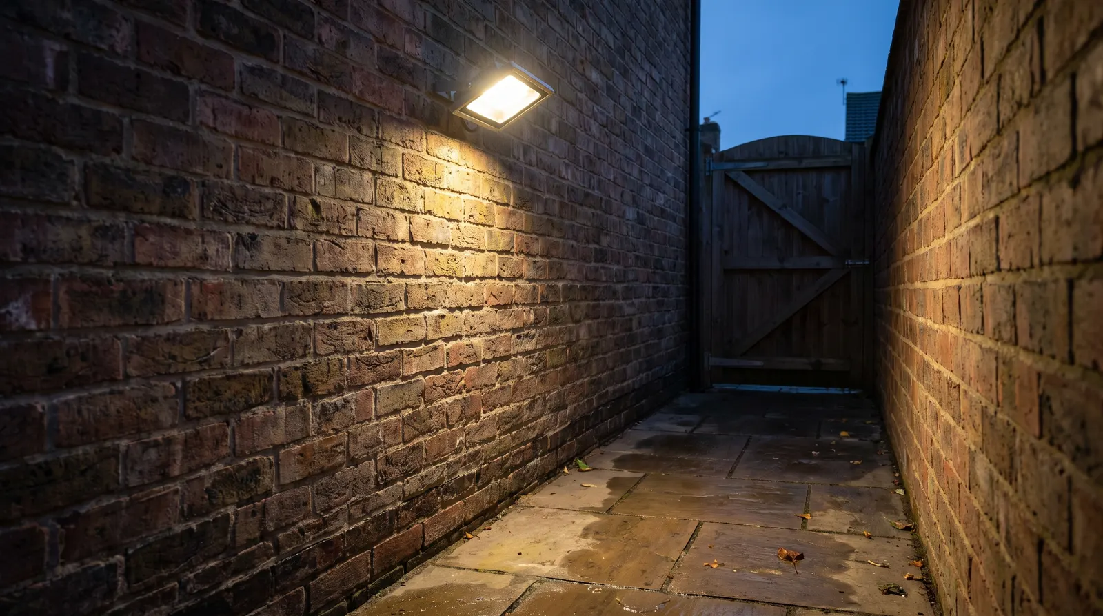 An LED security floodlight mounted on a house wall, angled down across a side path at dusk