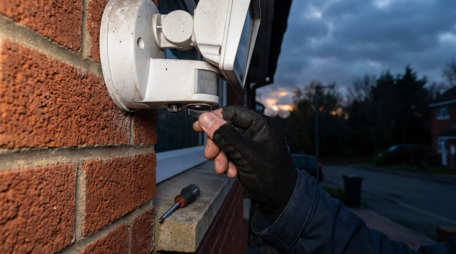 A hand adjusting the sensitivity dial on the underside of a PIR security light