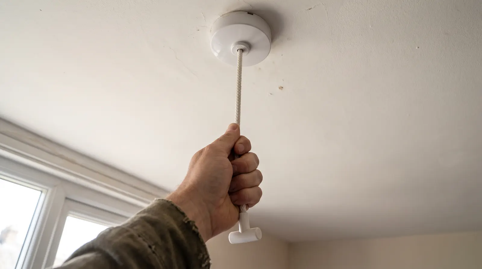 A hand pulling the cord of a ceiling-mounted pull cord light switch