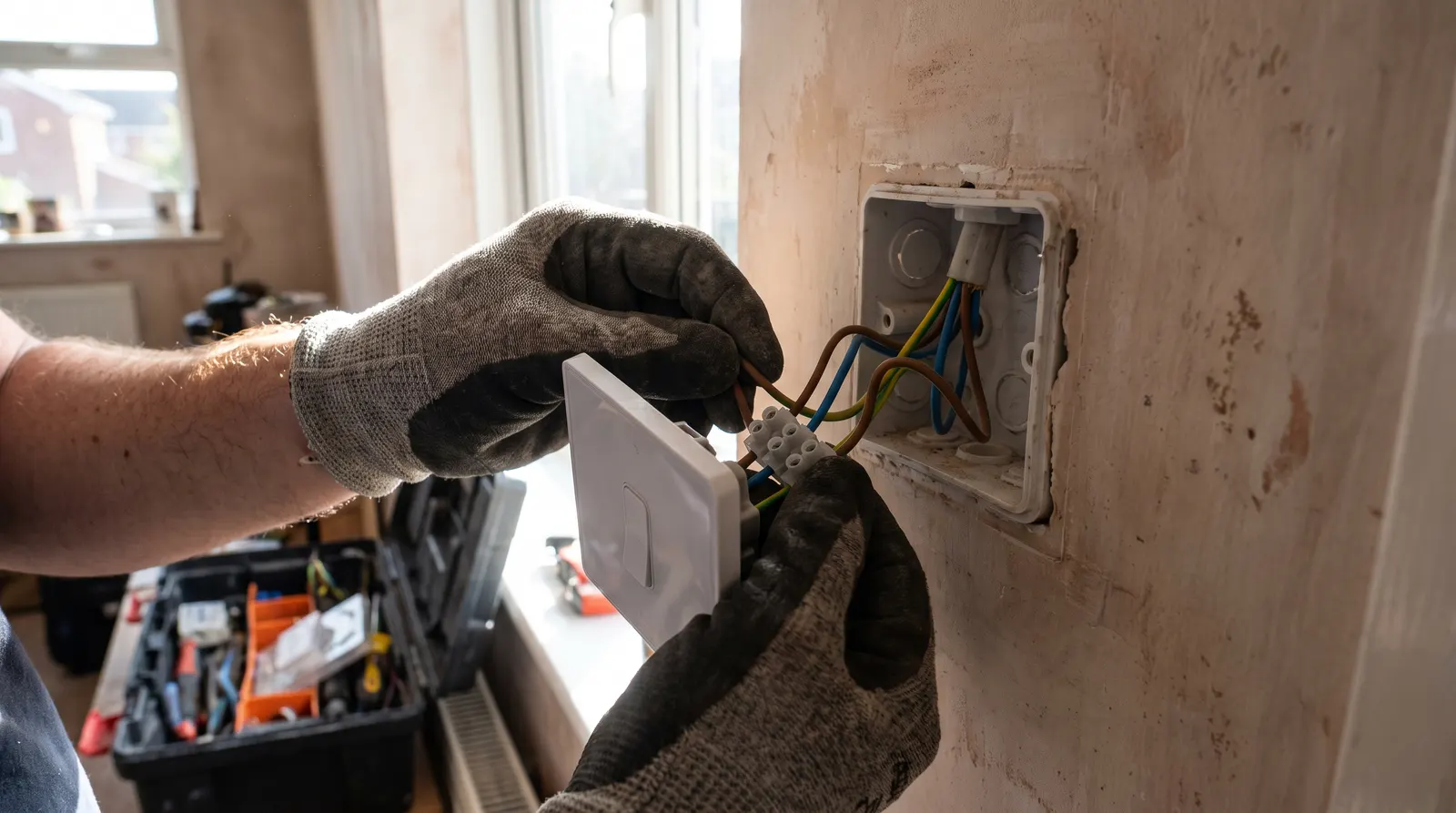 An electrician working on the wiring terminals behind a smart light switch removed from its mounting box