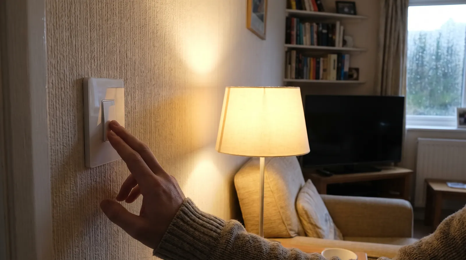 A smart light switch fitted on a wall in a living room, lit in the evening