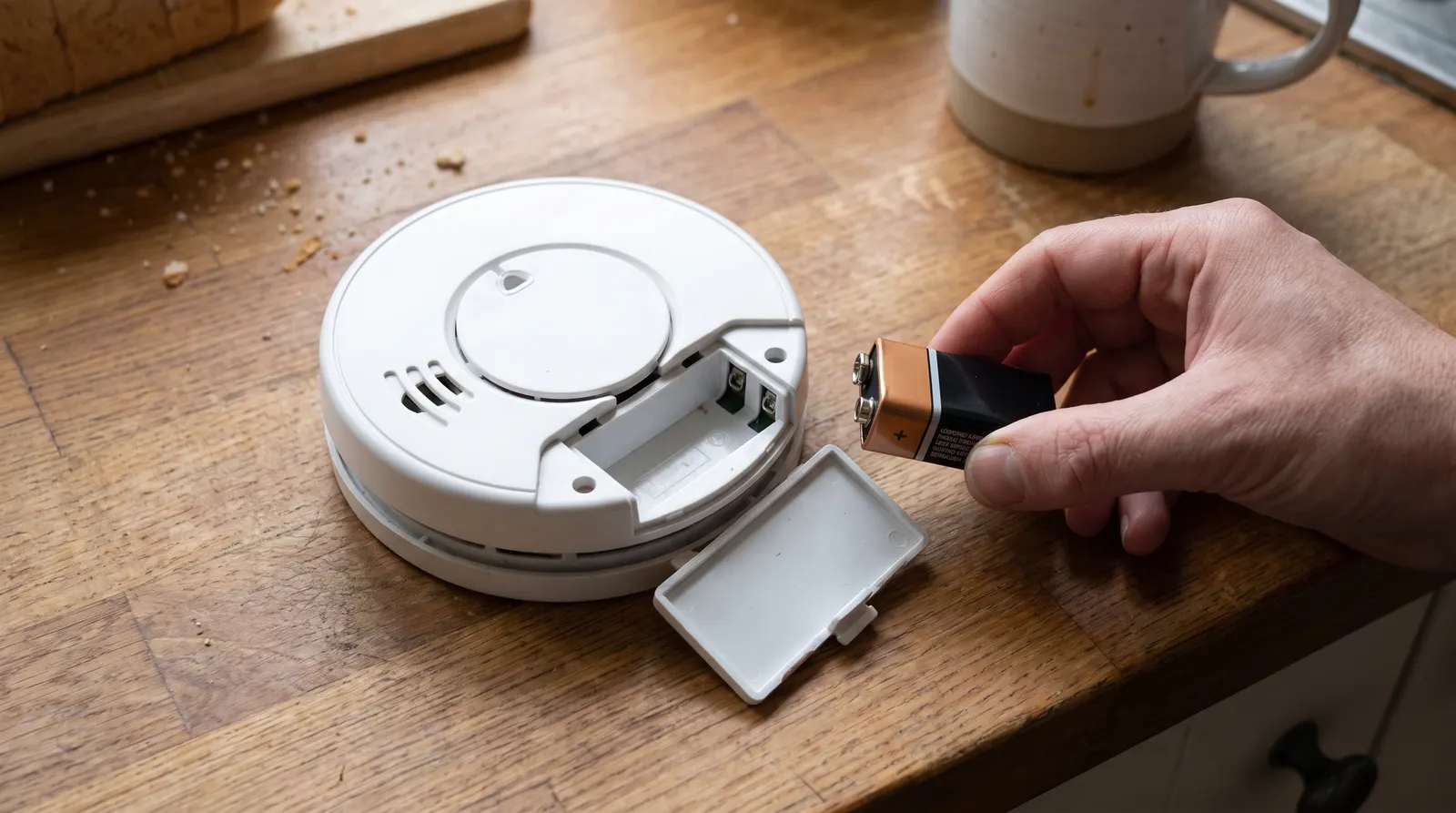A smoke alarm removed from its mount with the battery compartment open