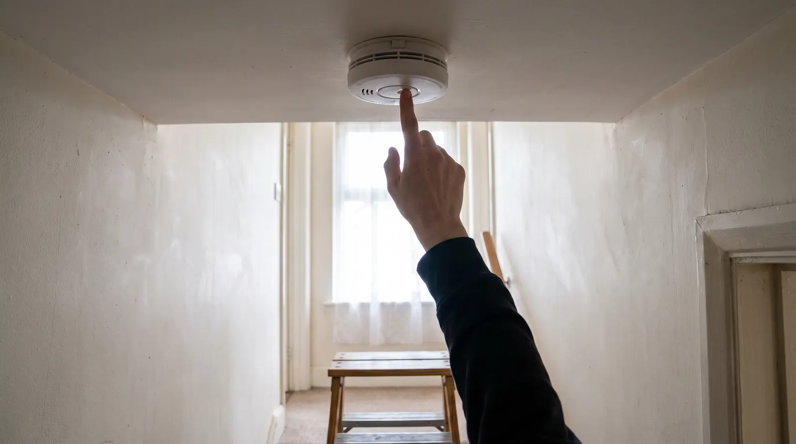 A hand pressing the test button on a ceiling-mounted smoke alarm