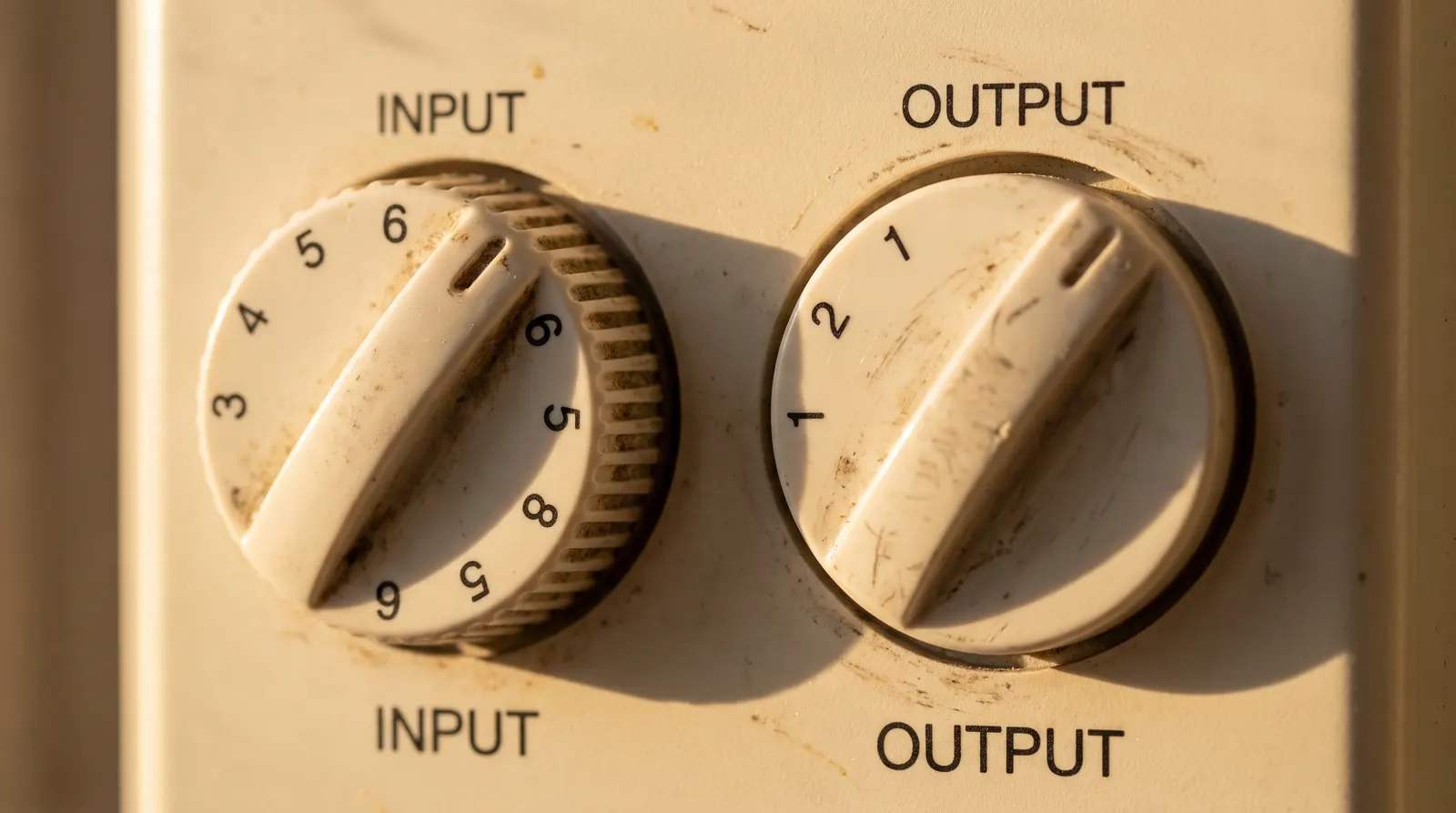 A close-up of the input and output dials on a storage heater, one turned high and one turned low