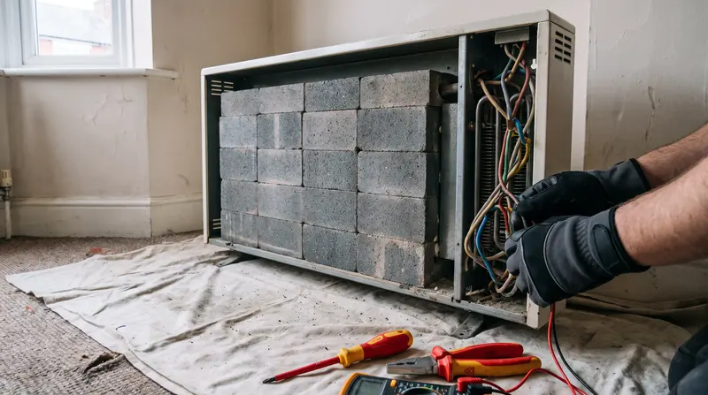 A storage heater with its front casing off, showing the ceramic bricks and element