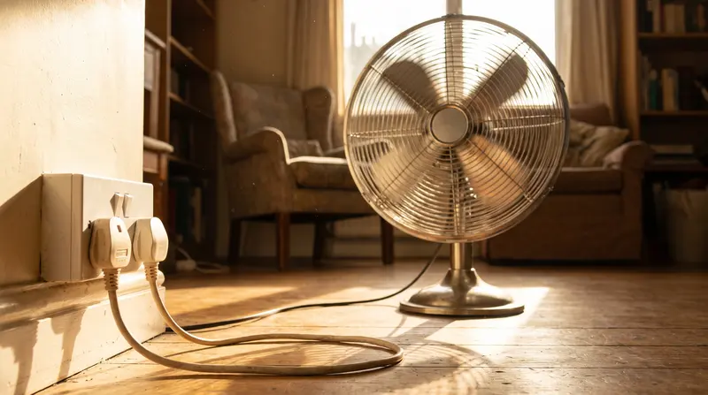 A pedestal fan running in a sunlit living room, its plug in a shared wall socket