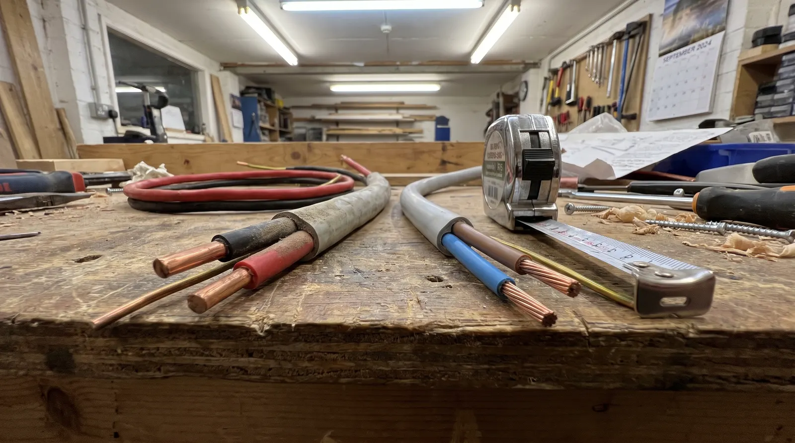 A length of old red-and-black twin-and-earth cable laid beside a length of modern brown-and-blue twin-and-earth cable, bare copper conductors exposed at the cut ends