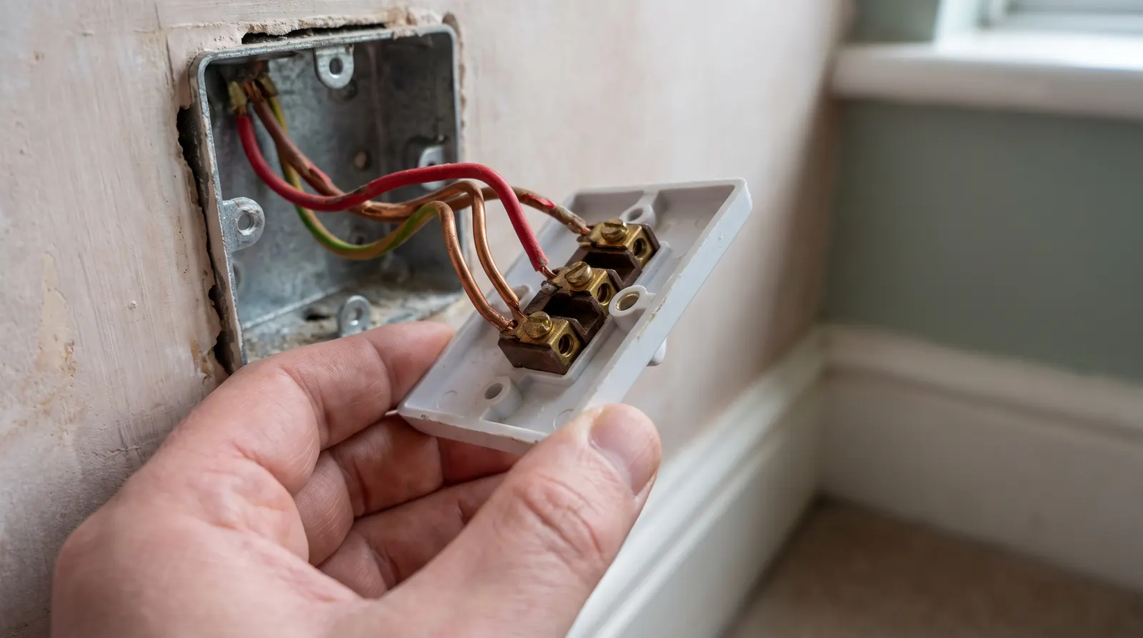 The three wiring terminals on the back of a two-way light switch, mid replacement