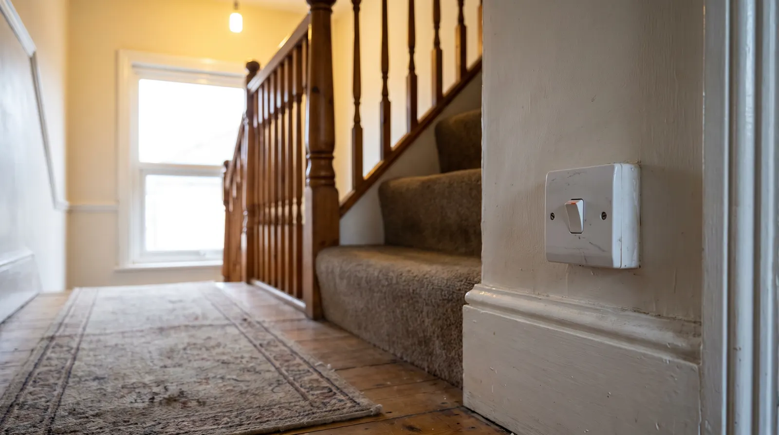 A light switch fitted at the foot of a staircase, with the landing light switched on above