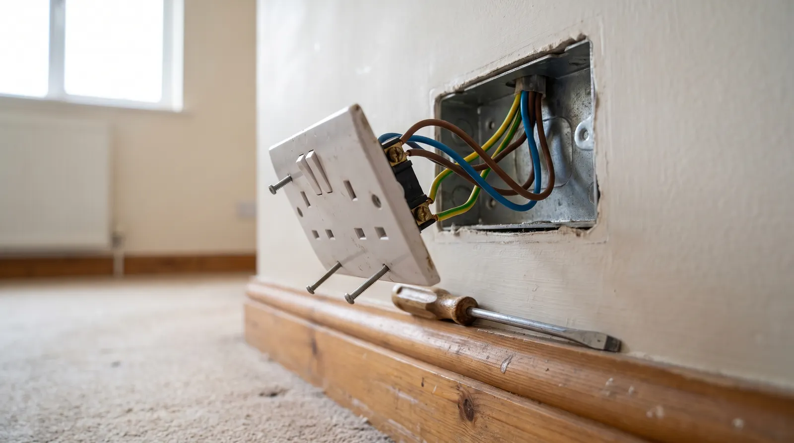 A UK socket faceplate removed from the wall, exposing brown, blue and green-and-yellow sleeved conductors connected to the terminals