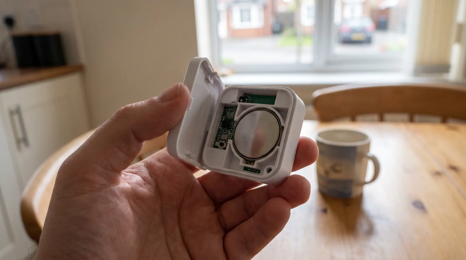 A wireless light switch held in a hand with its back cover open, showing the battery compartment
