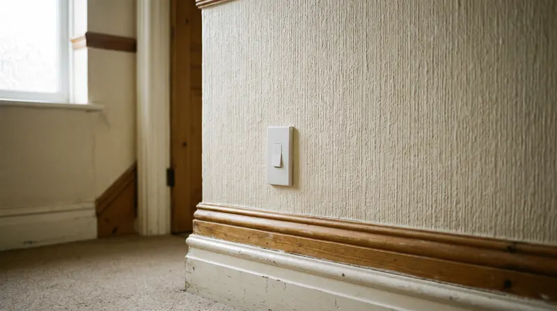 A slim wireless light switch mounted on a hallway wall with no cable visible beneath it