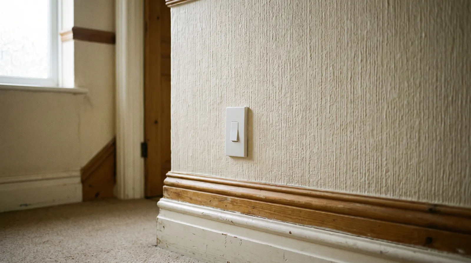 A slim wireless light switch mounted on a hallway wall with no cable visible beneath it