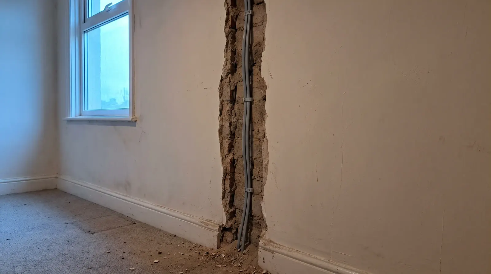 A bedroom wall chased out for new cable — house rewire in Bexleyheath