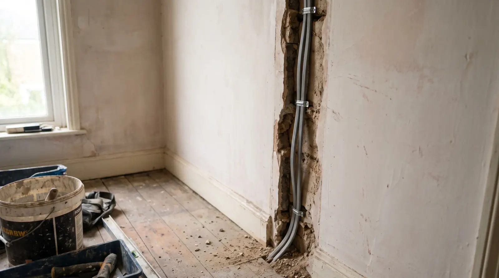 A bedroom wall chased out for new cable — the kind of house rewire an electrician in Chadwell Heath is called out for