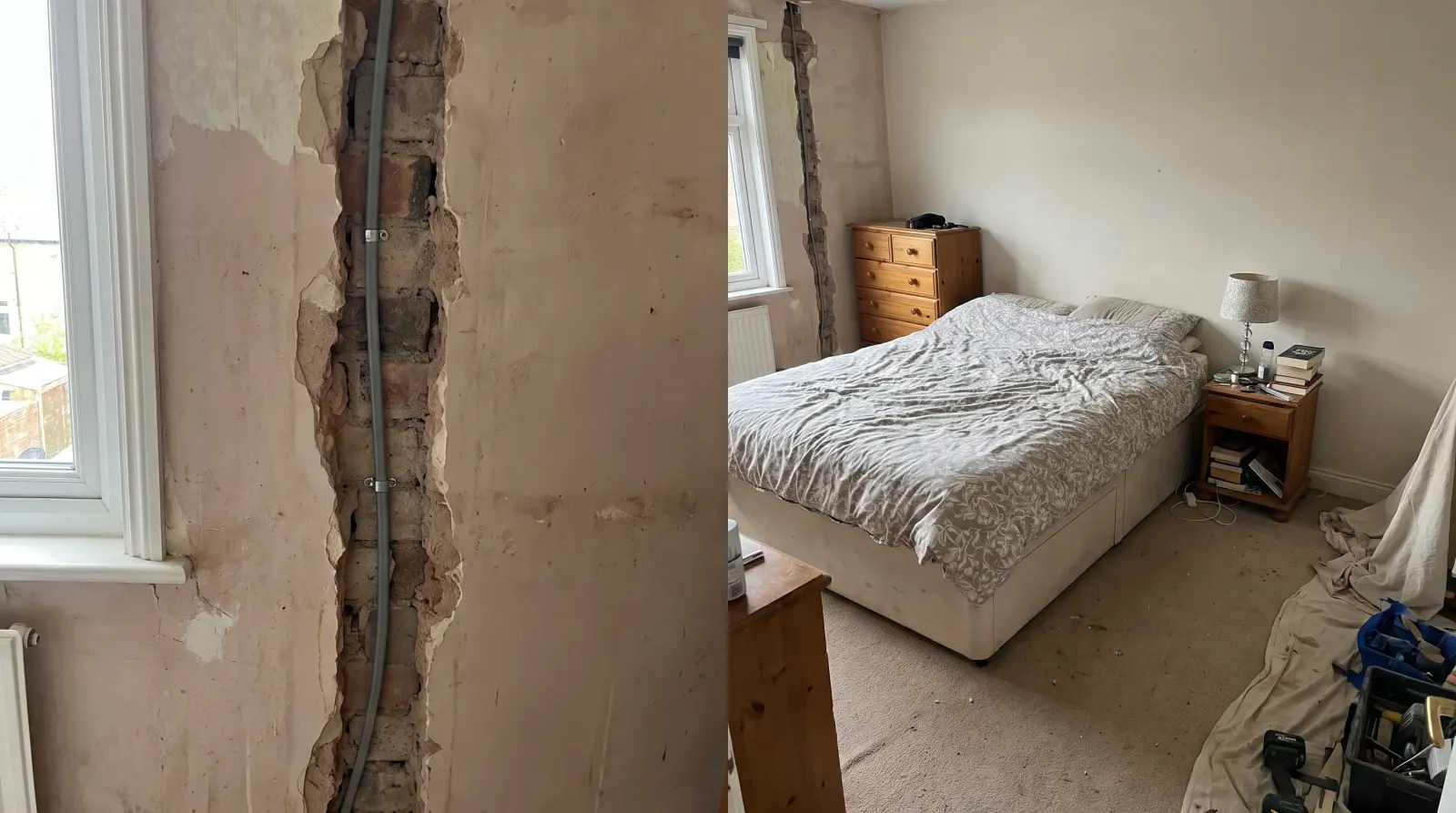 A bedroom wall chased out for new cable — house rewire in Eltham