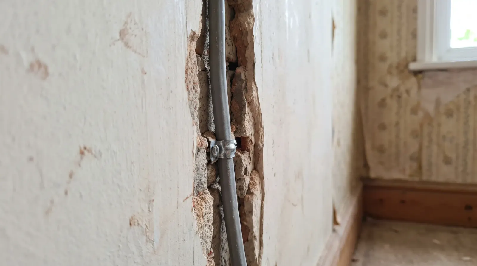 A bedroom wall chased out for new cable — house rewire in Finchley
