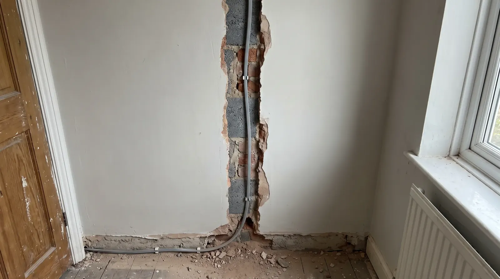 A bedroom wall chased out for new cable — house rewire in Southgate