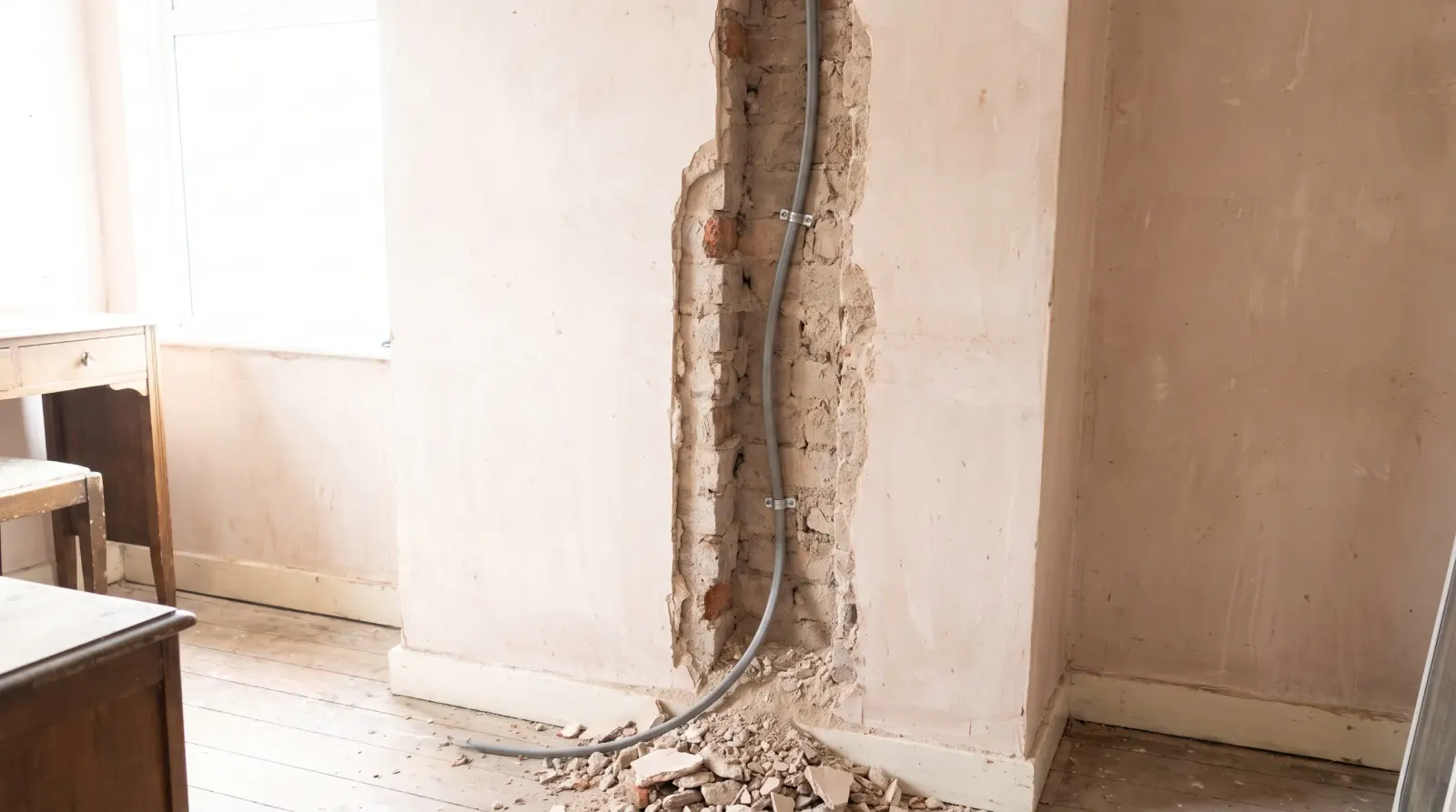 A bedroom wall chased out for new cable — house rewire in Welling