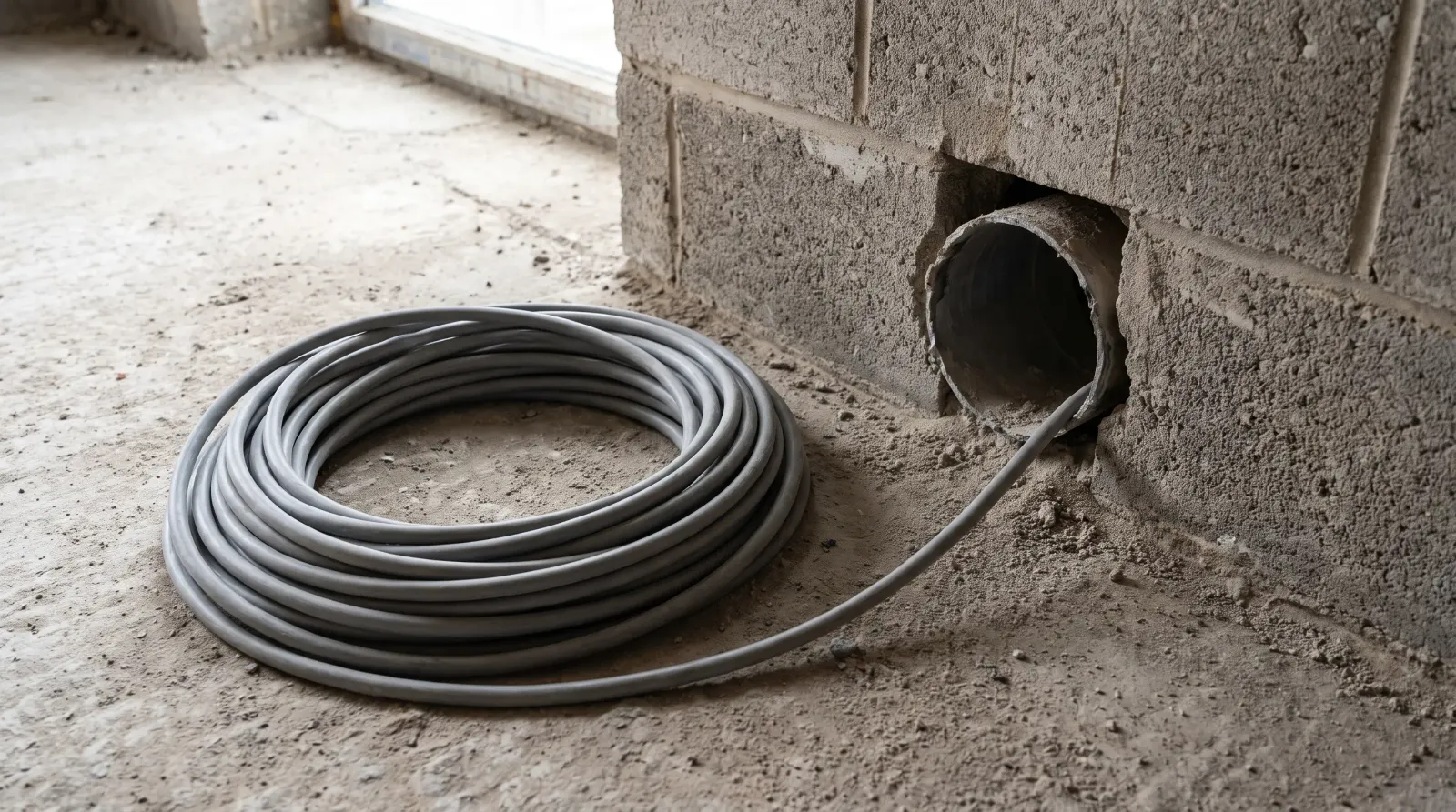 New cable coiled at a sleeved opening through a concrete wall — house rewire in Pitsea